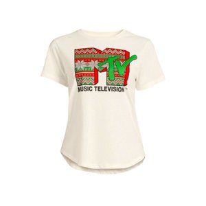 NEW Viacom Int. MTV Women's Short Sleeve Crew Neck Christmas Theme Tee